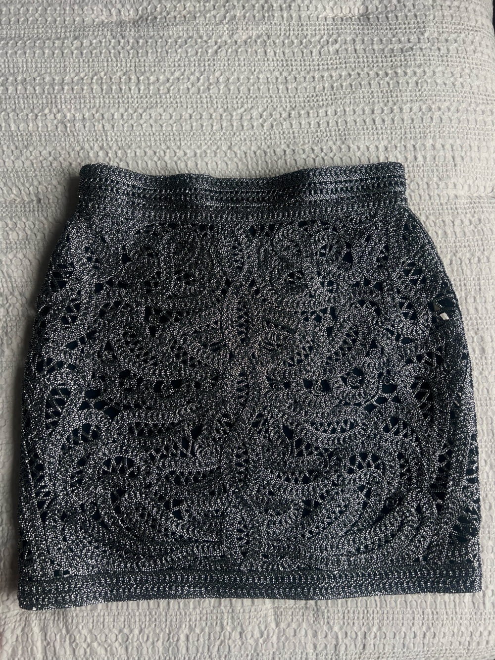 Maje Black Crochet Mini Skirt with Metallic Silver Accents